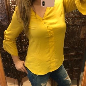 Express Yellow Gold Button Chiffon Blouse Medium